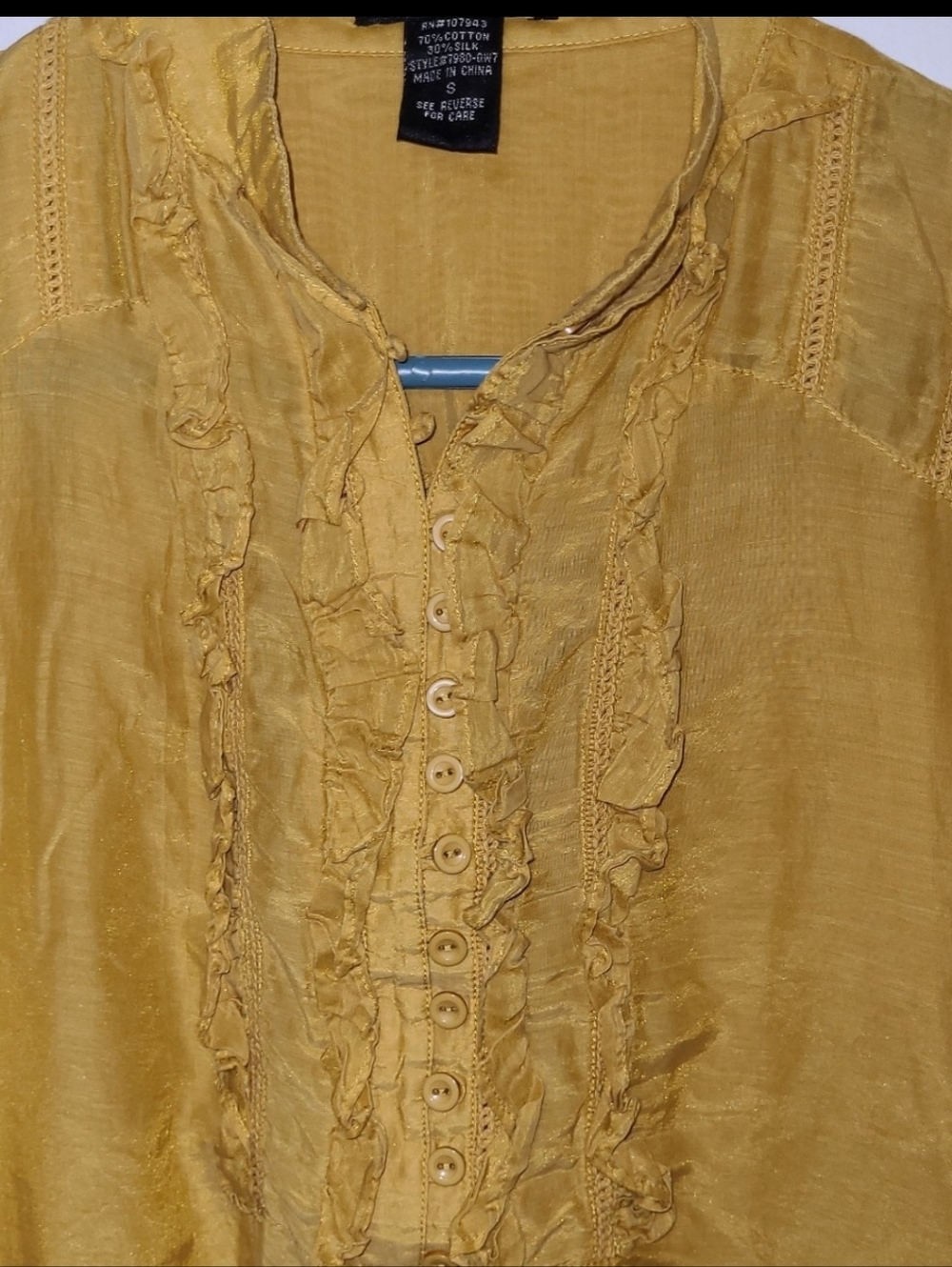 Sam & Max Mustard Yellow Ruffle Button-Front Silk Blend Blouse Small - Picture 2 of 3